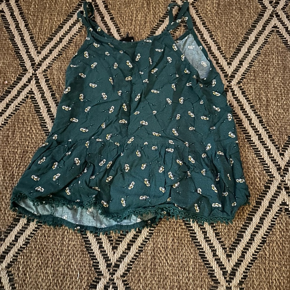 Dark Green With White Flower Print Art Class Ruffle Spaghetti Strap Top